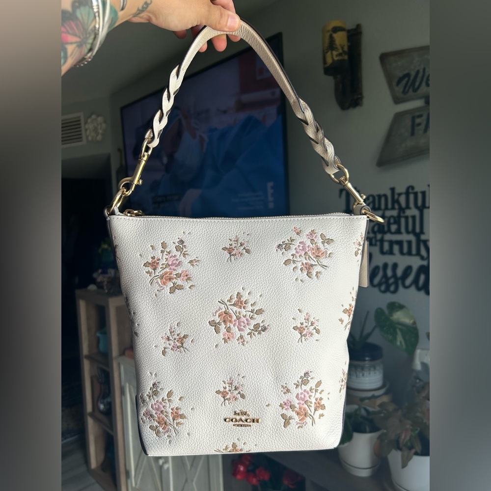 SOLD-Coach 91022 Abby Duffle with Rose Bouquet Print in Chalk